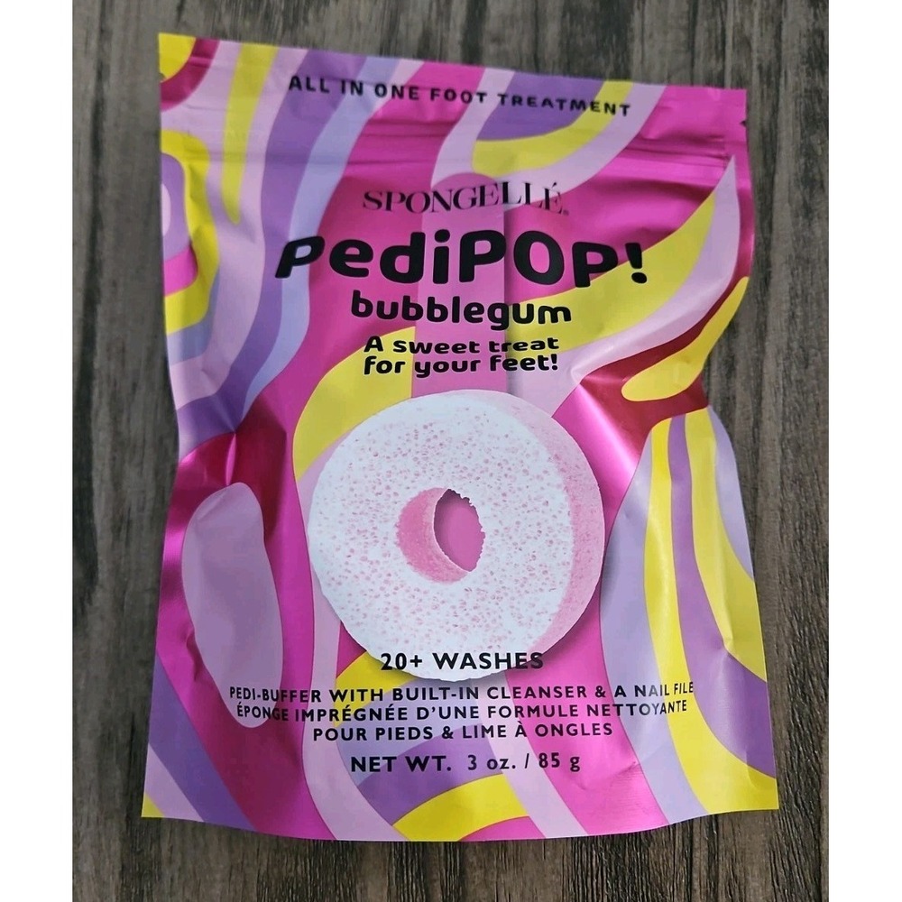 Spongelle Pedipop! BUBBLEGUM Pedi-Buffer + Nail File Infused Sponge 3 Oz New!